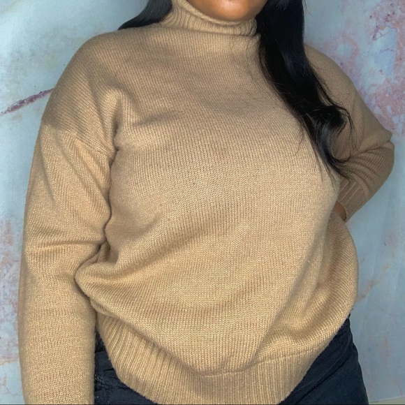 Turtle Neck Sweater - Brown, Tan Basic Sweater - Picture 2 of 6